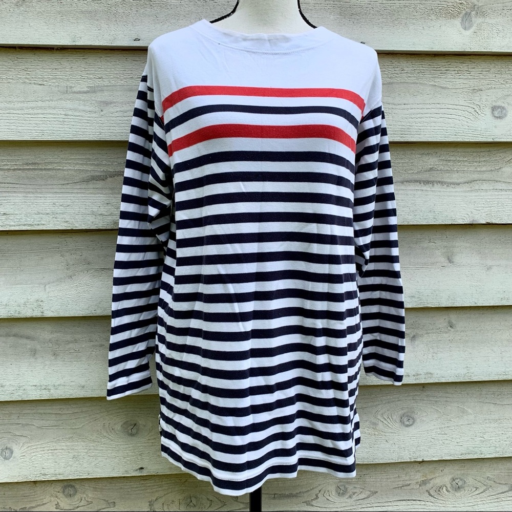 Vintage 90s Dockers Navy Striped Collarless Boat Neck Long Sleeve Tunic Blouse